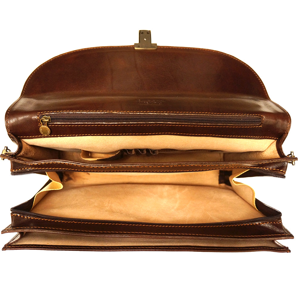 Genuine leather briefcase with three compartments - made in Italy