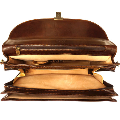 Genuine leather briefcase with three compartments - made in Italy