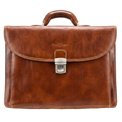 Beniamino Italian Leather Business Briefcase with Front Pocket - Made In Italy