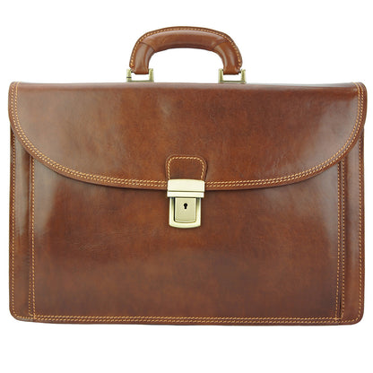Beniamino Italian Leather Business Briefcase with Front Pocket - Made In Italy