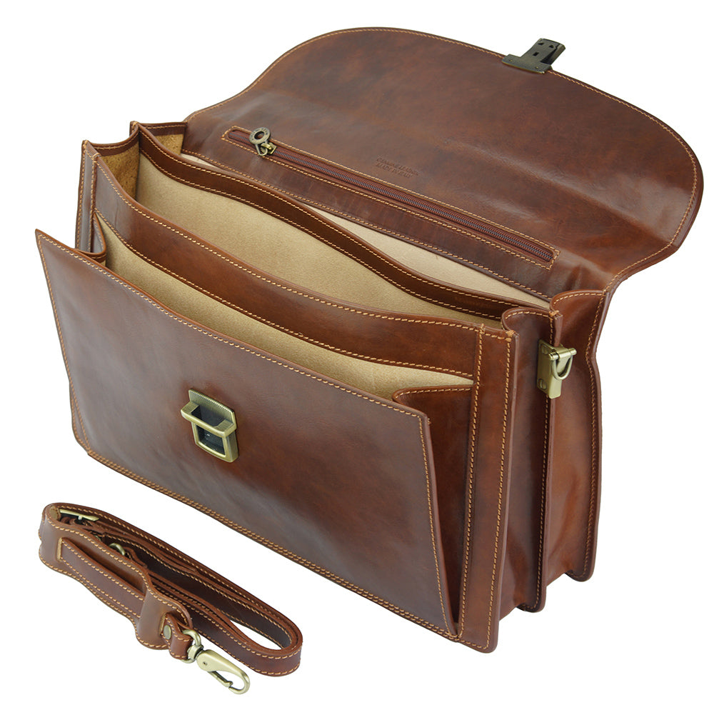 Beniamino Italian Leather Business Briefcase with Front Pocket - Made In Italy