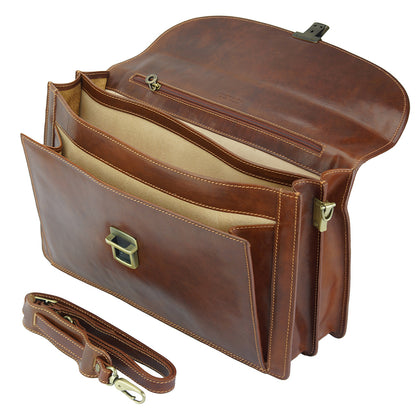 Beniamino Italian Leather Business Briefcase with Front Pocket - Made In Italy