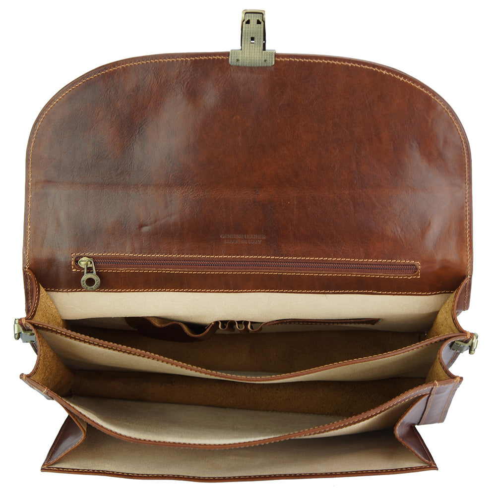 Beniamino Italian Leather Business Briefcase with Front Pocket - Made In Italy