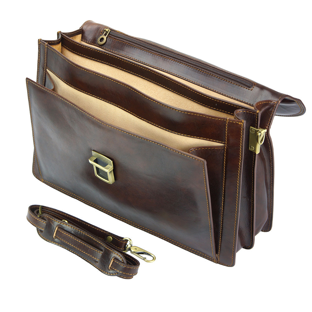 Beniamino Italian Leather Business Briefcase with Front Pocket - Made In Italy