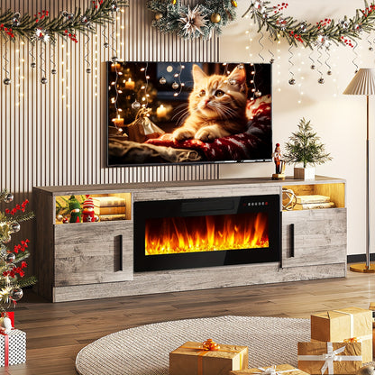 70&quot; Modern Wooden TV Stand for TVs Up to 80&quot; - Electric Fireplace Entertainment Center with 36&quot; High Gloss Media Console, 16-Color LED Lights, Storage Cabinet &amp; US Plug (120V)