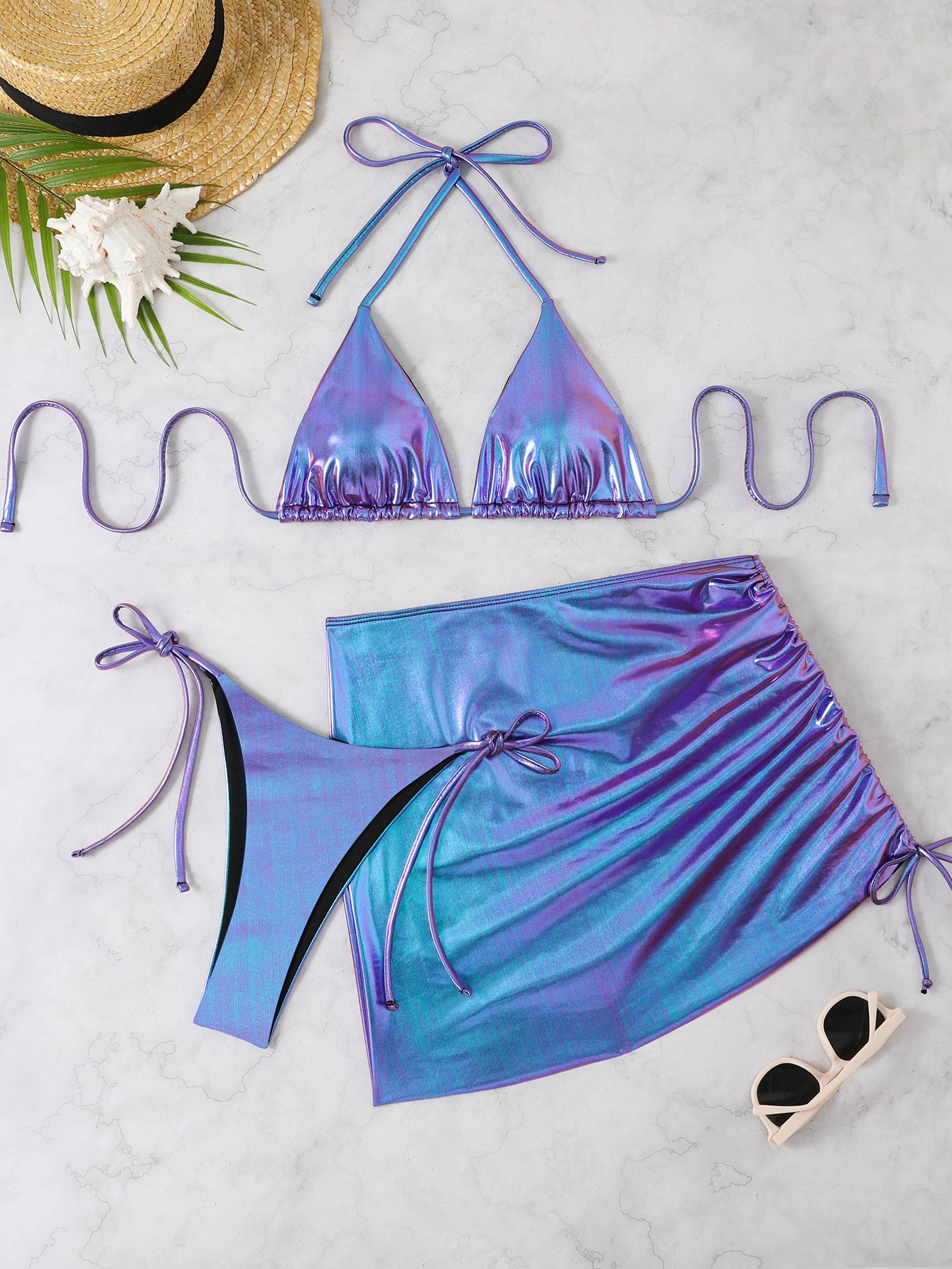Solid color skirt style three piece bikini set