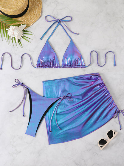Solid color skirt style three piece bikini set