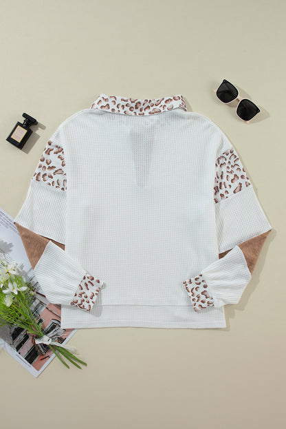 White Leopard Patchwork Turn-down Collar Waffle Top