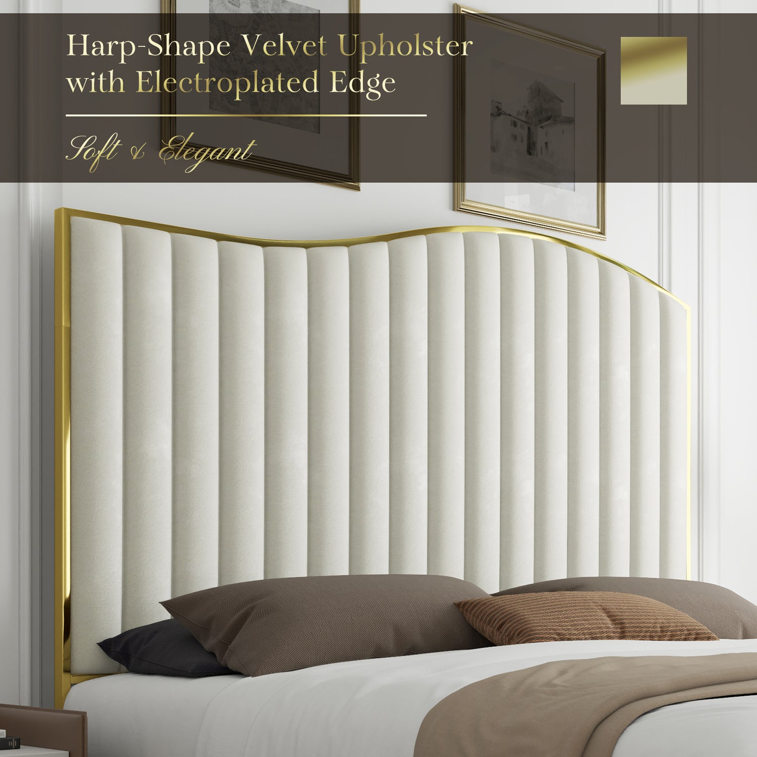 [Luxury | Velvet] Gray Luxury Velvet Platform Bed | 61.4&quot; High Headboard, Contemporary Design, Metal Frame