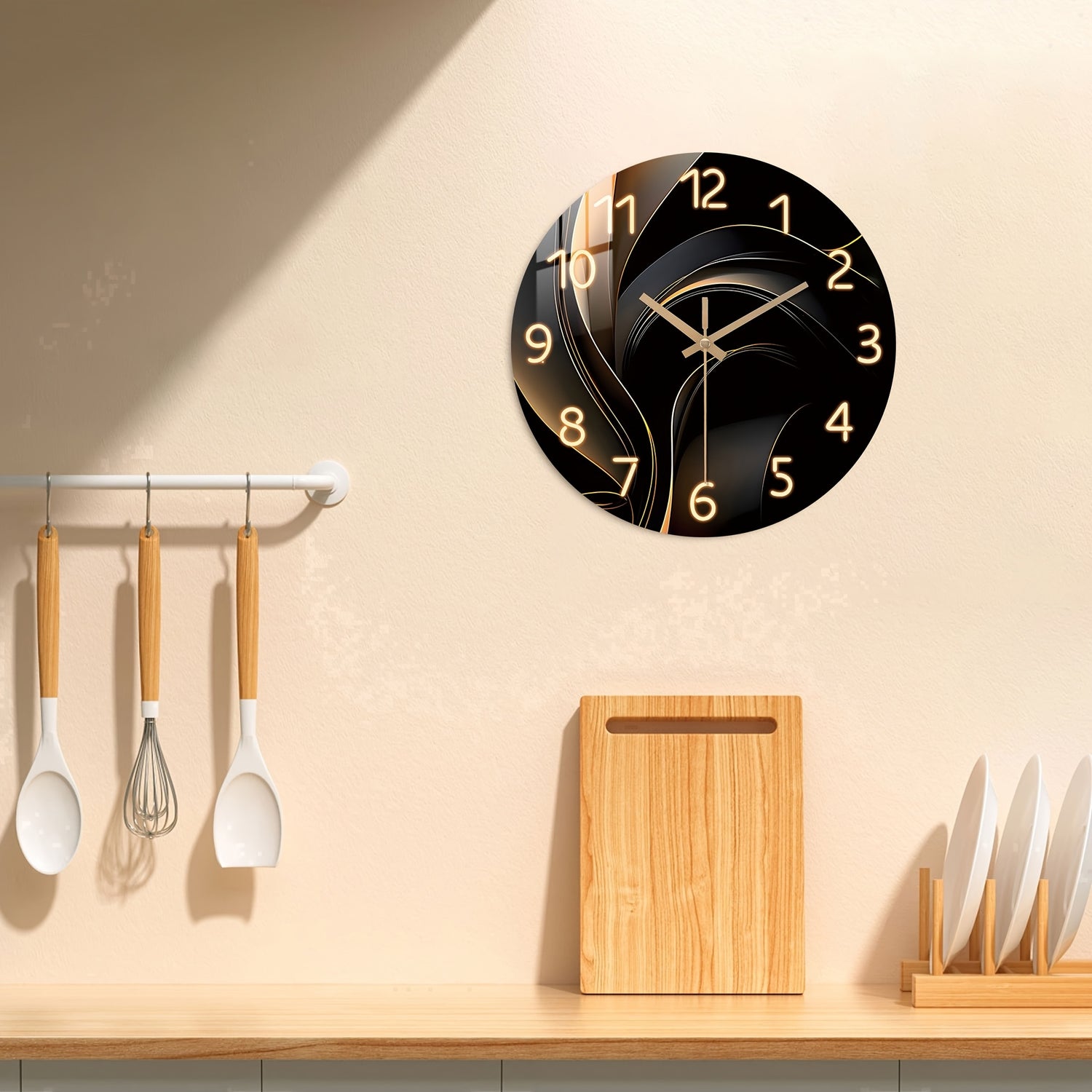 Modern Abstract Geometric Wall Clock, Silent Japanese Quartz Movement, Round Wood Frame, Fantasy Themed Artistic Decor