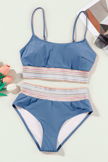 Blue Colorful Stitch Border Detail 2pcs High Waist Bikini Swimsuit