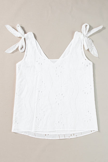 White Embroidery Patterned Knotted Straps V Neck Tank Top