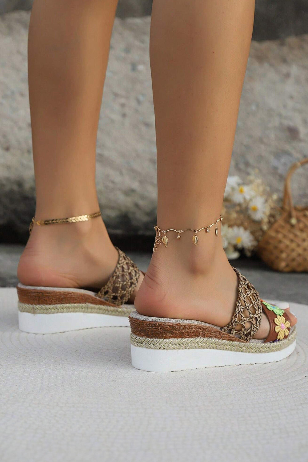 White Floral Print Braided Details Wedge Slippers