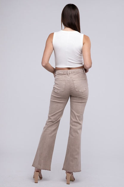 Acid -washed frayed cutoff hem straight wide pants.