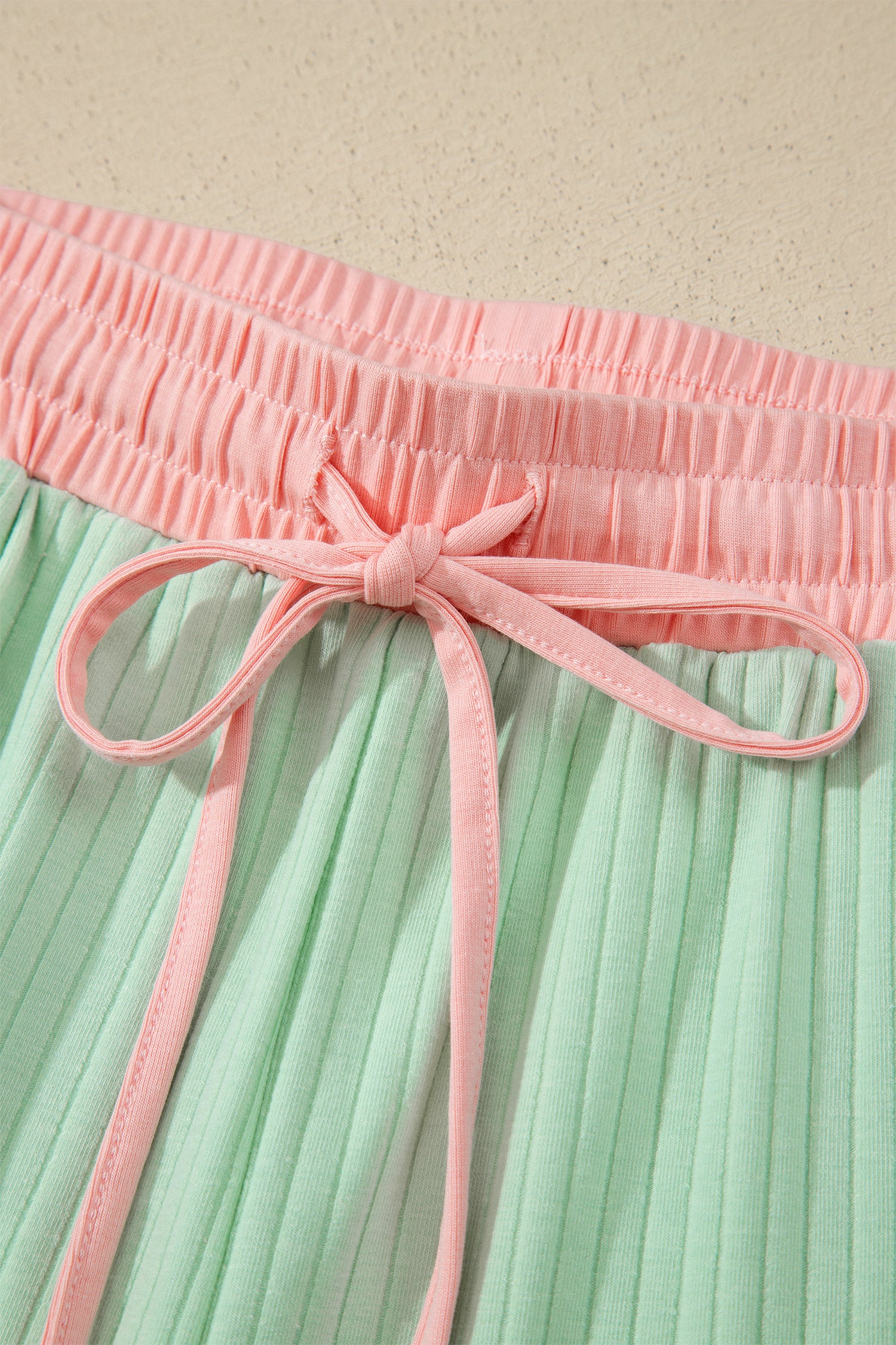 Yellow Cream Soft Ribbed Color Block Trim Casual Short Set