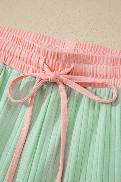 Yellow Cream Soft Ribbed Color Block Trim Casual Short Set