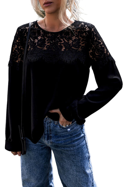 Black Lace Crochet Patchwork O Neck Long Sleeve Top