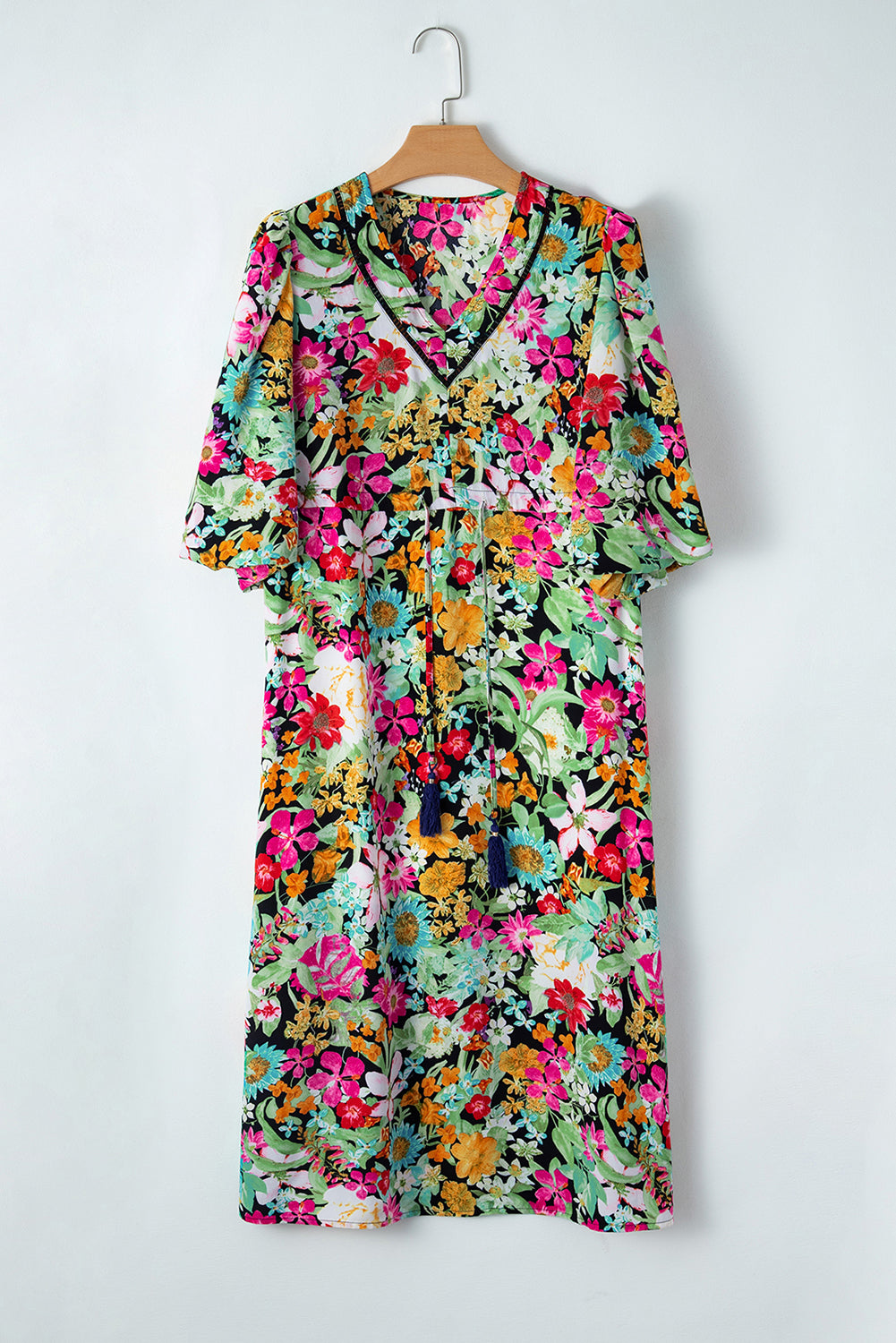 Puff Sleeve V Neck Tassel Drawstring Floral Dress