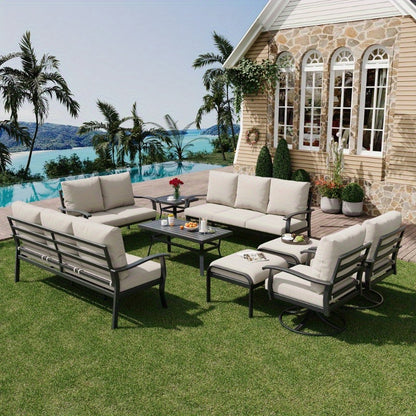 Outdoor Metal Patio Dining Furniture Set with 360° Swivel Rocking Chairs and Coffee Table, Versatile Conversation Set
