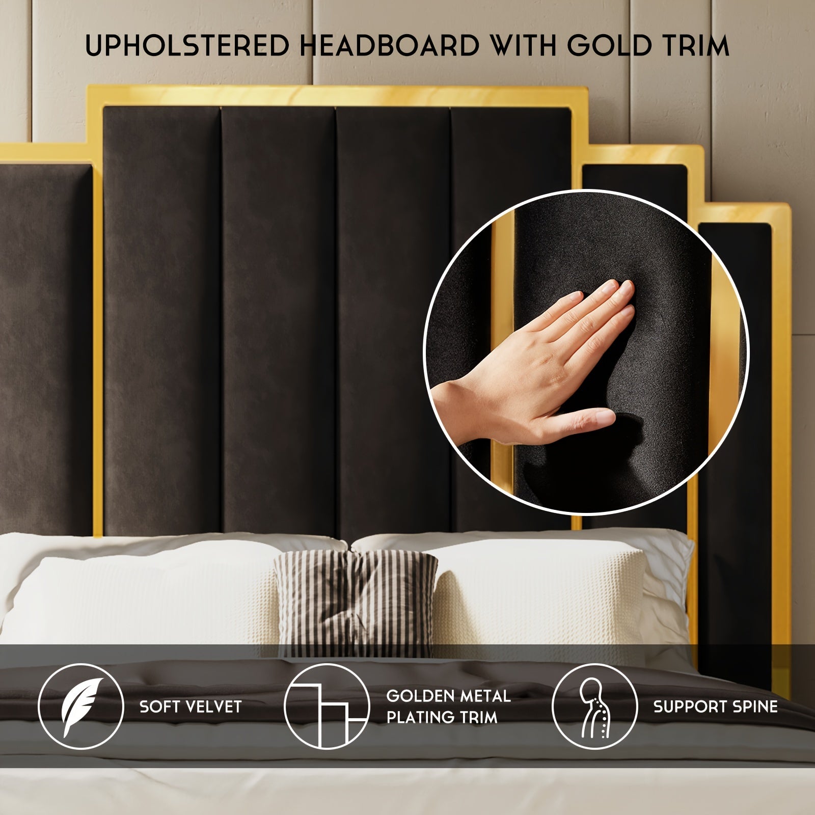 Queen Platform Bed Frame, 61.4&quot;/65&quot; Velvet Upholstered Bed With Gold Trim Headboard/Wooden Slats
