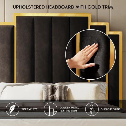 Queen Platform Bed Frame, 61.4&quot;/65&quot; Velvet Upholstered Bed With Gold Trim Headboard/Wooden Slats