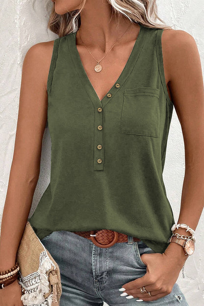 Trendy Jungle Green V-Neck Tank Top with Half Buttons and Patched Pocket