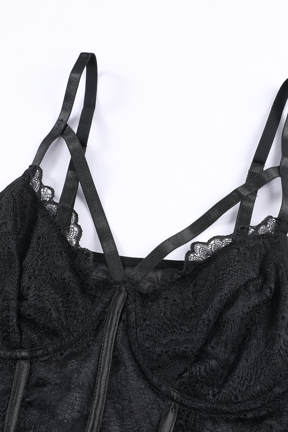 Black Spaghetti Straps Lace Panel Bodysuit