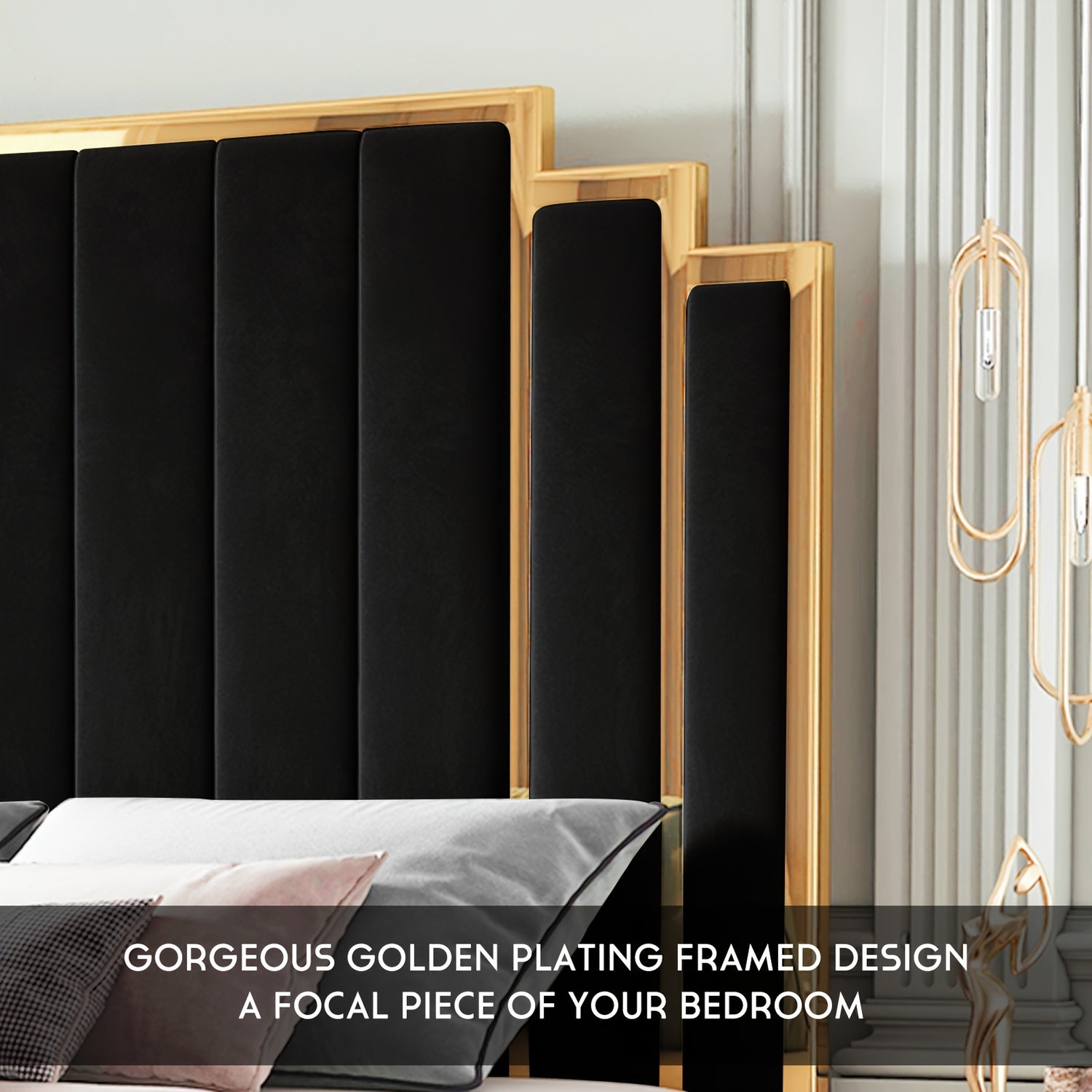 Queen Platform Bed Frame, 61.4&quot;/65&quot; Velvet Upholstered Bed With Gold Trim Headboard/Wooden Slats