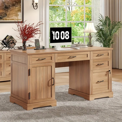 55&quot; Rustic Farmhouse Executive Desk with Power Outlets, Home Office Desk with 4 Drawers and Cabinet, Mixed Color Wood &amp; Metal Design, Compact Storage for Small Spaces, Easy Assembly, Desk Accessories Office