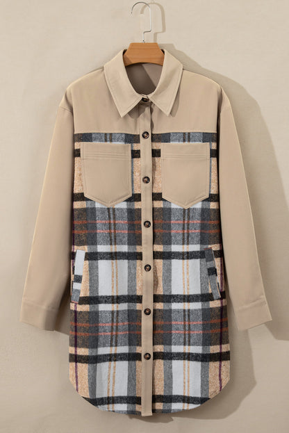 Mini Dress - Khaki Plaid Patchwork Long Sleeve