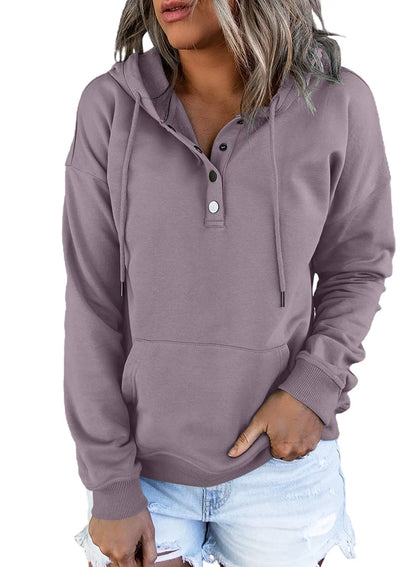 Hoodies for Women Sweatshirt Long Sleeve 1/4 Button Closure Drawstring Pullover Casual Hooded Tops