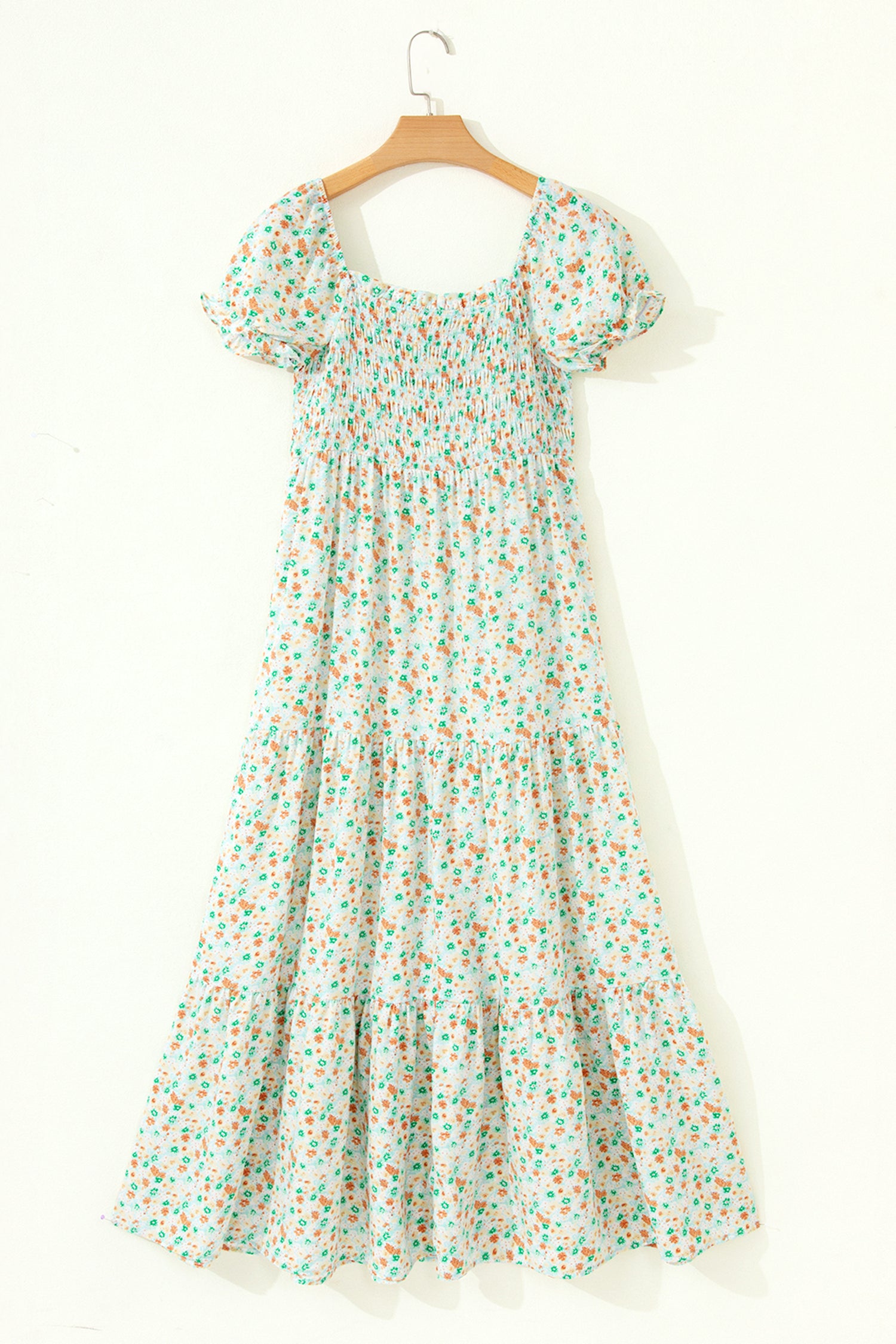 Pink Floral Short Bubble Sleeve Shirred High Waist Maxi Dress