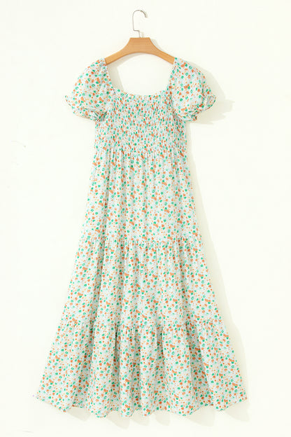 Pink Floral Short Bubble Sleeve Shirred High Waist Maxi Dress
