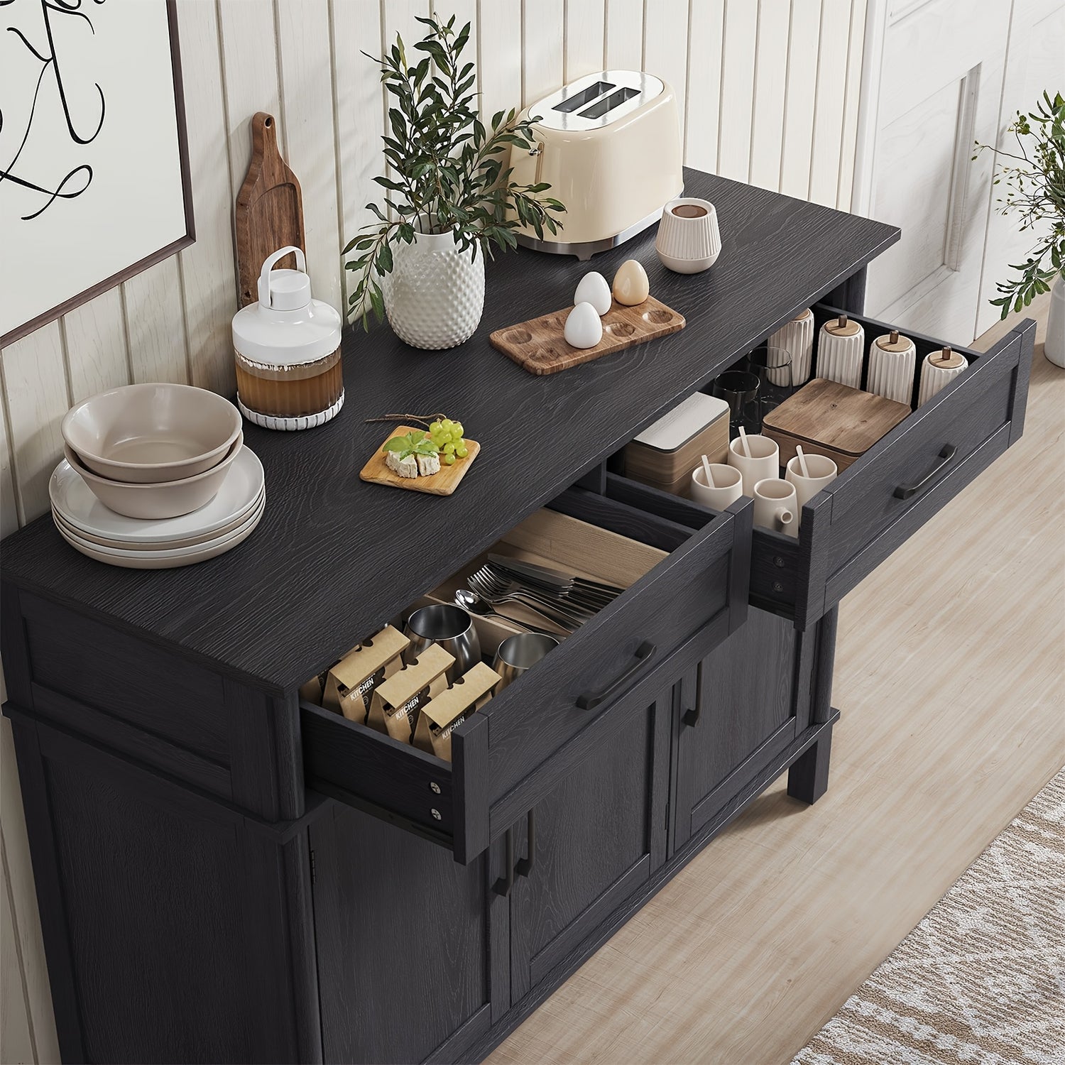 48&quot; Black Farmhouse Sideboard with Storage - Wooden Coffee Bar Cabinet Featuring 2 Drawers, 3 Doors &amp; Adjustable Shelves