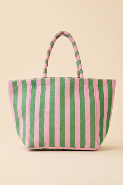 Dark Green Striped Terry Large Beach Tote Bag