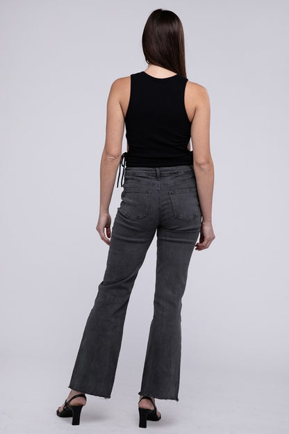 Acid -washed frayed cutoff hem straight wide pants.