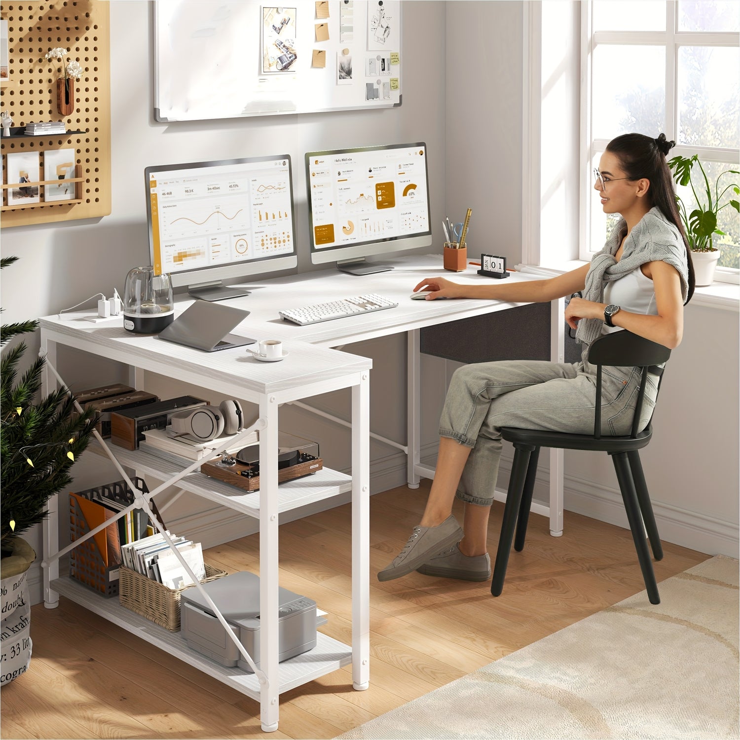 L Shaped Computer Desk With Power Outlets, Computer Desk With Storage Shelves, Home Office Corner Desk For Work, Writing Study Desk With Gaming Desk For Bedroom Office Dorm