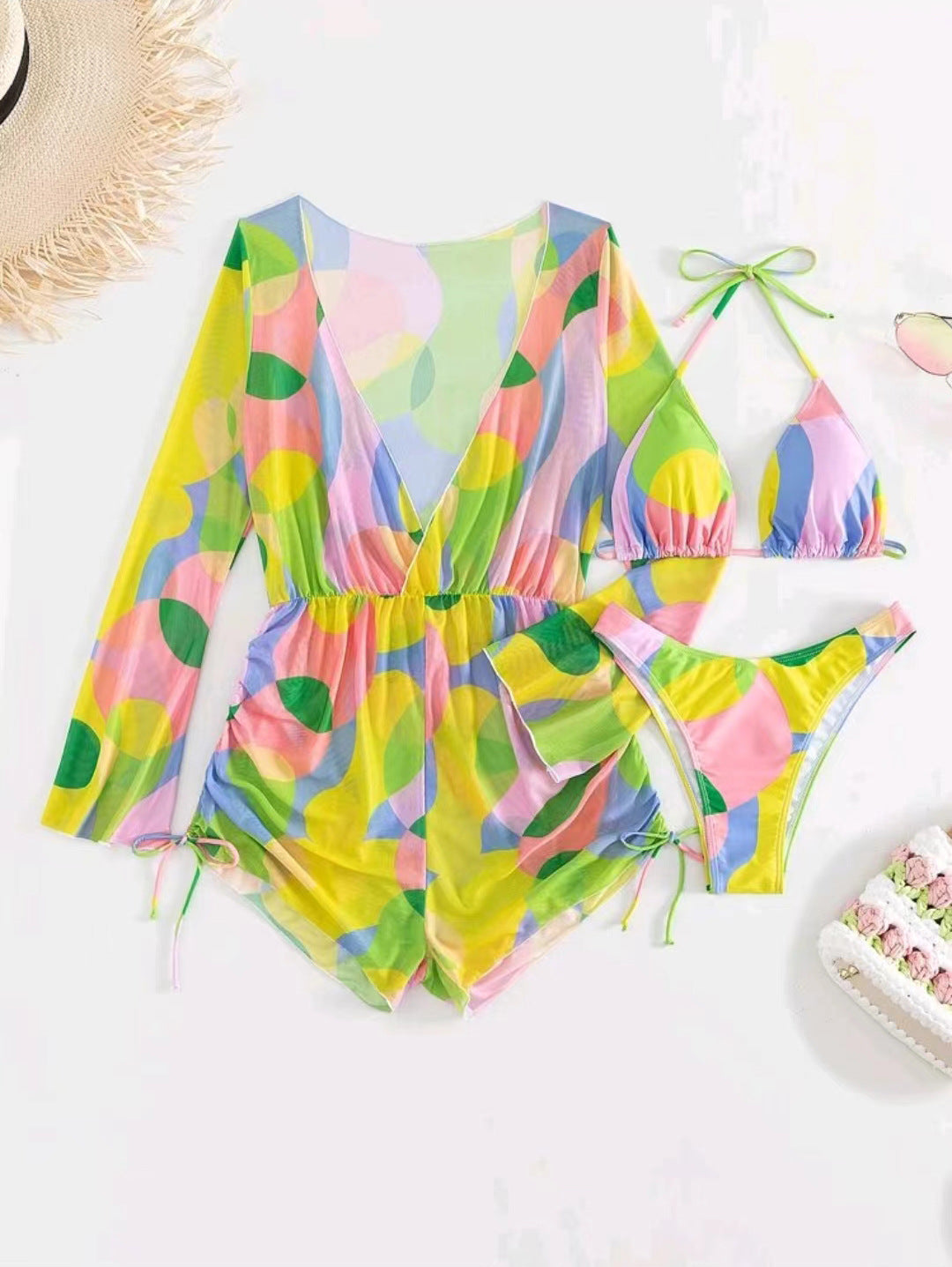 Jumpsuit long sleeved mesh hood bikini three piece swimsuit women&
