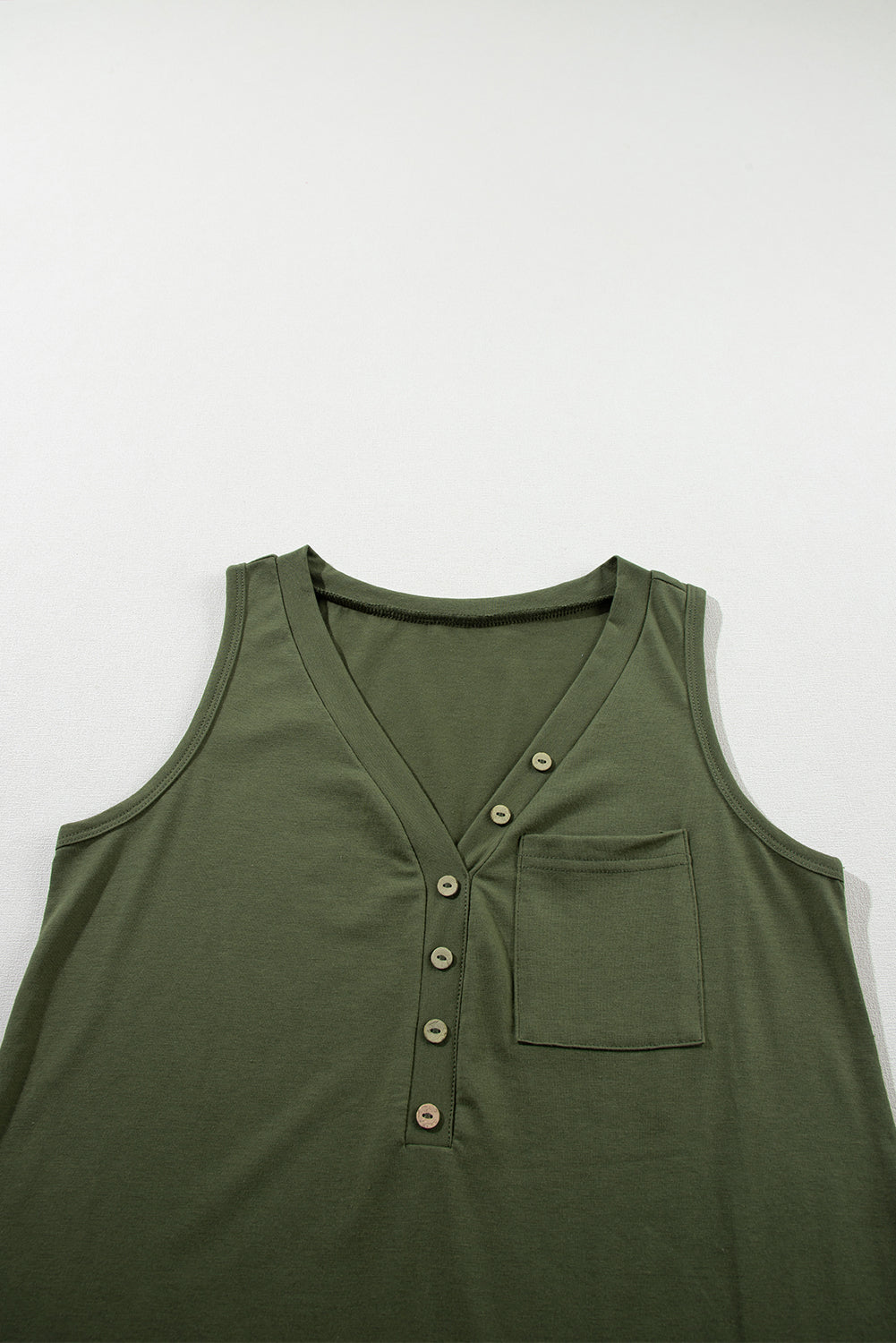 Trendy Jungle Green V-Neck Tank Top with Half Buttons and Patched Pocket