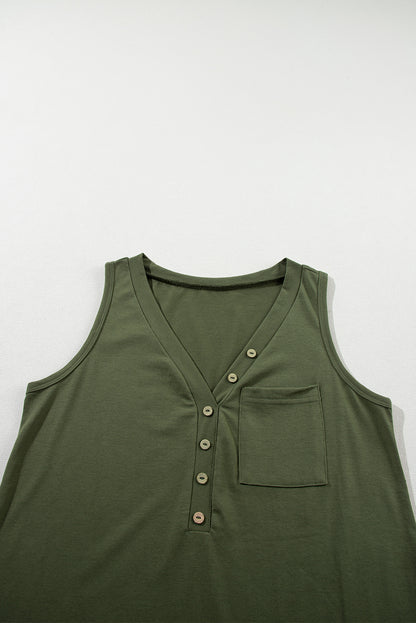 Trendy Jungle Green V-Neck Tank Top with Half Buttons and Patched Pocket