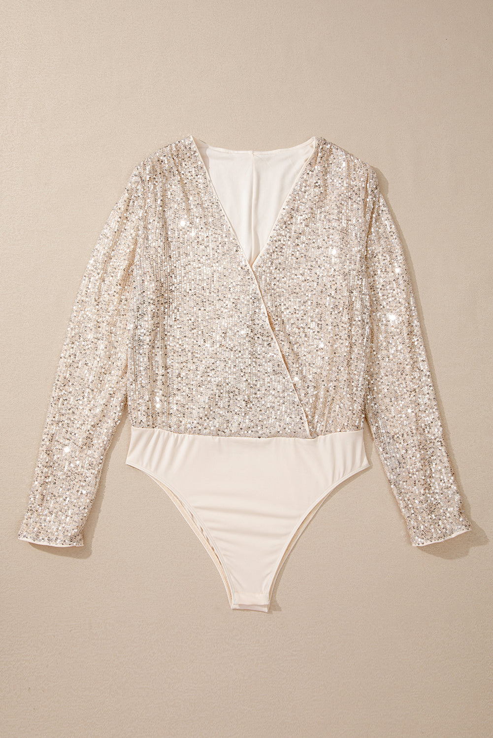 Beige Sequin Long Sleeve Wrap V Neck Bodysuit