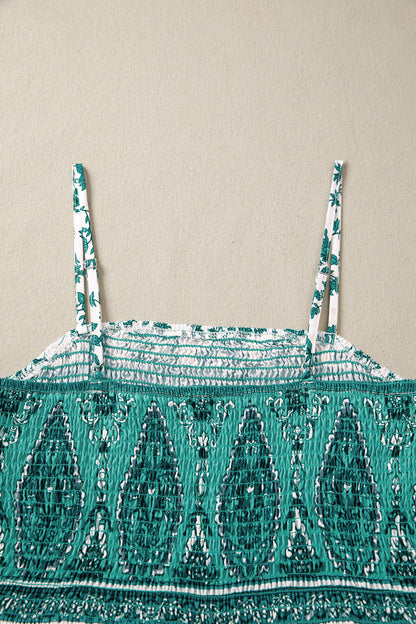 Green Boho Floral Print Shirred Cami Maxi Dress