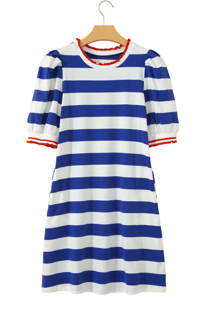 Red Stripe Contrast Trim Round Neck Short Puff Sleeve Shift Mini Dress