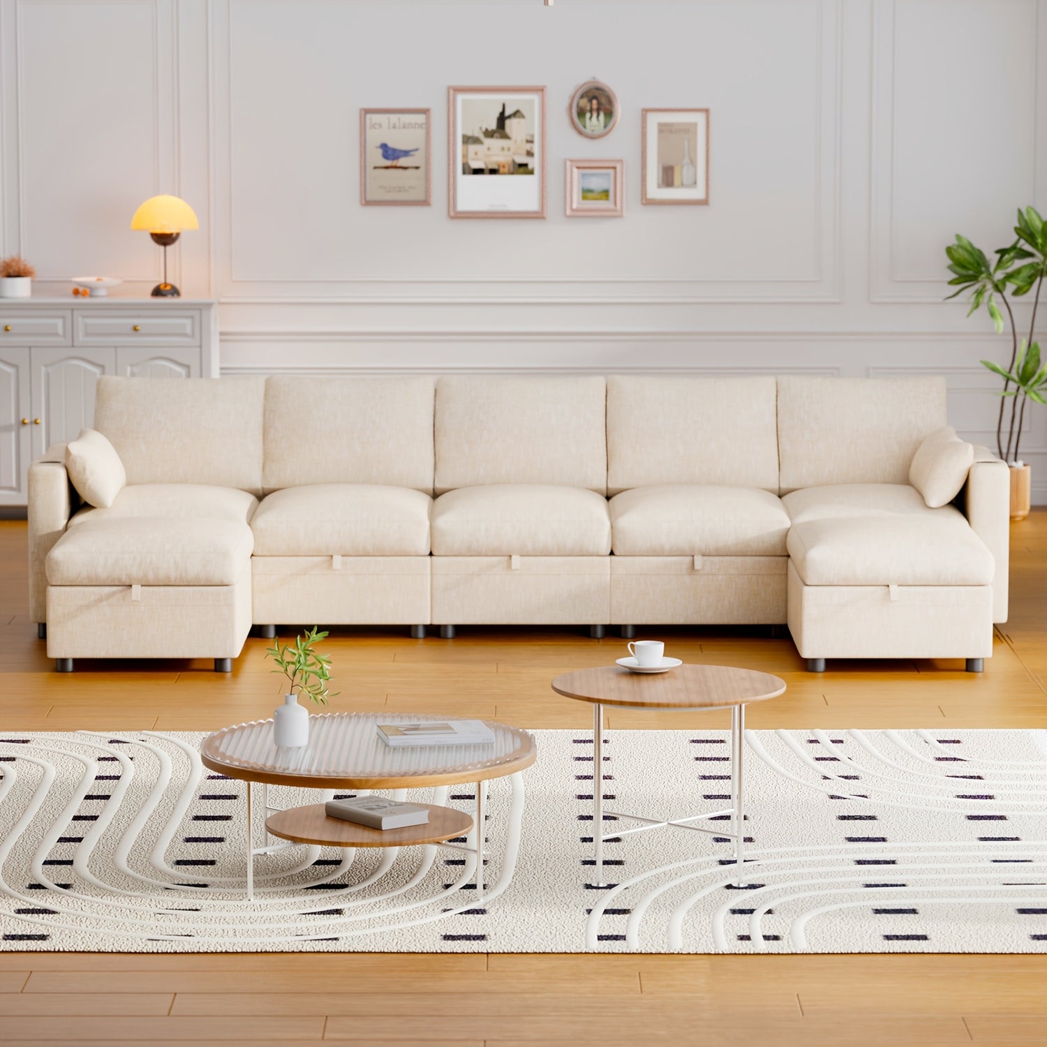 Multi-Seater Fabric Sectional Sofa | Comfortable Sectional Sofa With Storage, Cup Holder, Soft Recliner Combination Sofa For Living Room Or Office, Beige