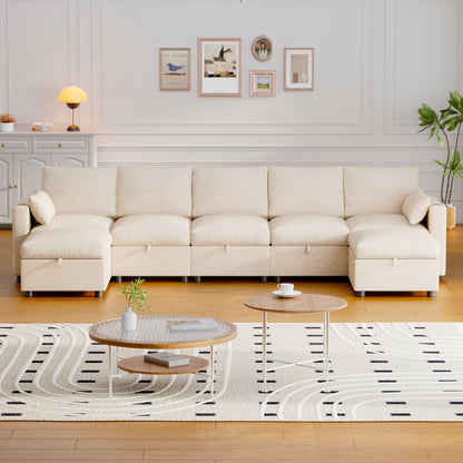 Multi-Seater Fabric Sectional Sofa | Comfortable Sectional Sofa With Storage, Cup Holder, Soft Recliner Combination Sofa For Living Room Or Office, Beige