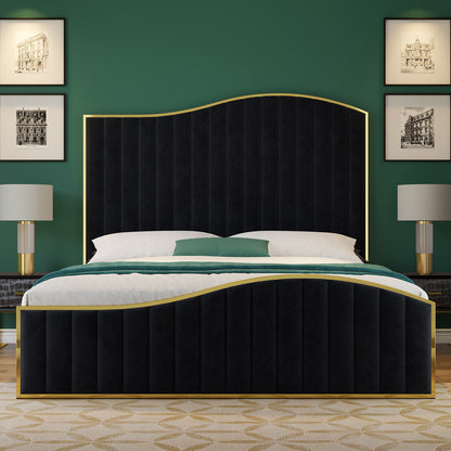 [Luxury | Velvet] Gray Luxury Velvet Platform Bed | 61.4&quot; High Headboard, Contemporary Design, Metal Frame