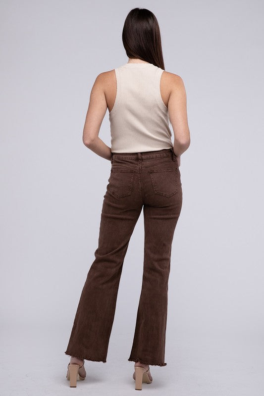 Acid -washed frayed cutoff hem straight wide pants.