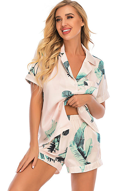 Printed Button-Up Short Sleeve Top and Shorts Lounge Set