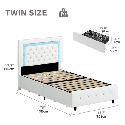 Twin Full Queen King Size Bed Frames With LED Lights And Storage Drawers, Upholstered Platform Bed With Diamond Headboard, Princess Platform Bed,