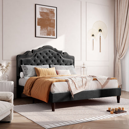 Adjustable Velvet Tiara Headboard Bed Frame - Full/Queen/King Size Upholstered Diamond Button Tufted Platform Bed